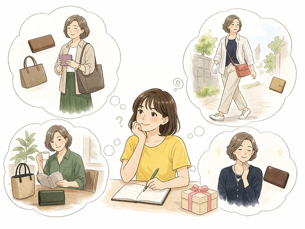 母の日ギフト用にラッピングされた革小物の贈り物