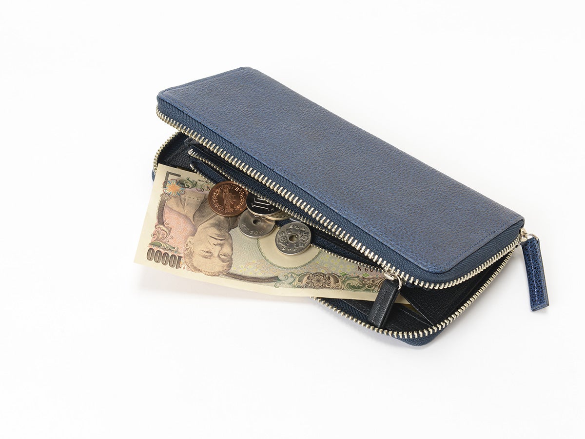 黒桟革 藍染め ラウンドファスナー長財布_02