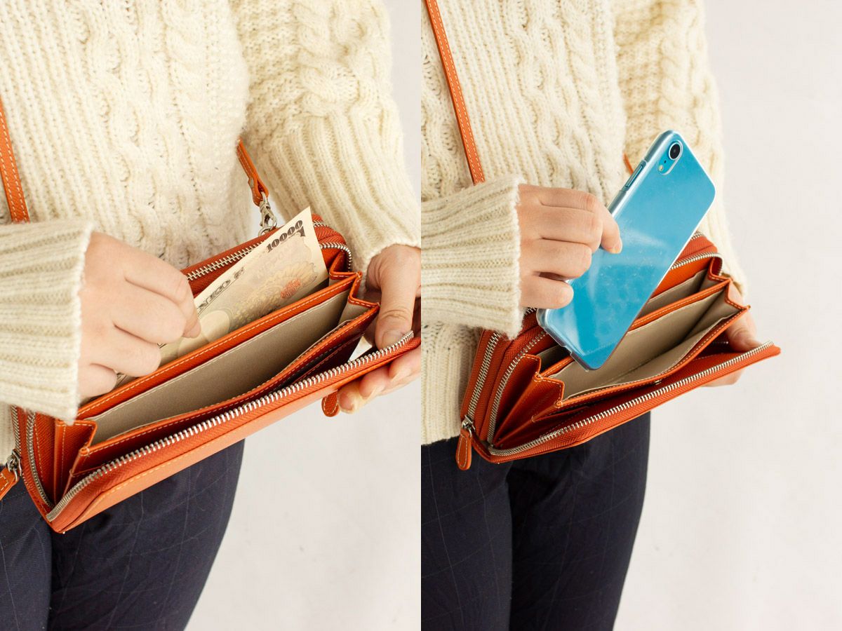 エンボス　Wラウンドファスナーマルチウォレット(ショルダーストラップ付き)