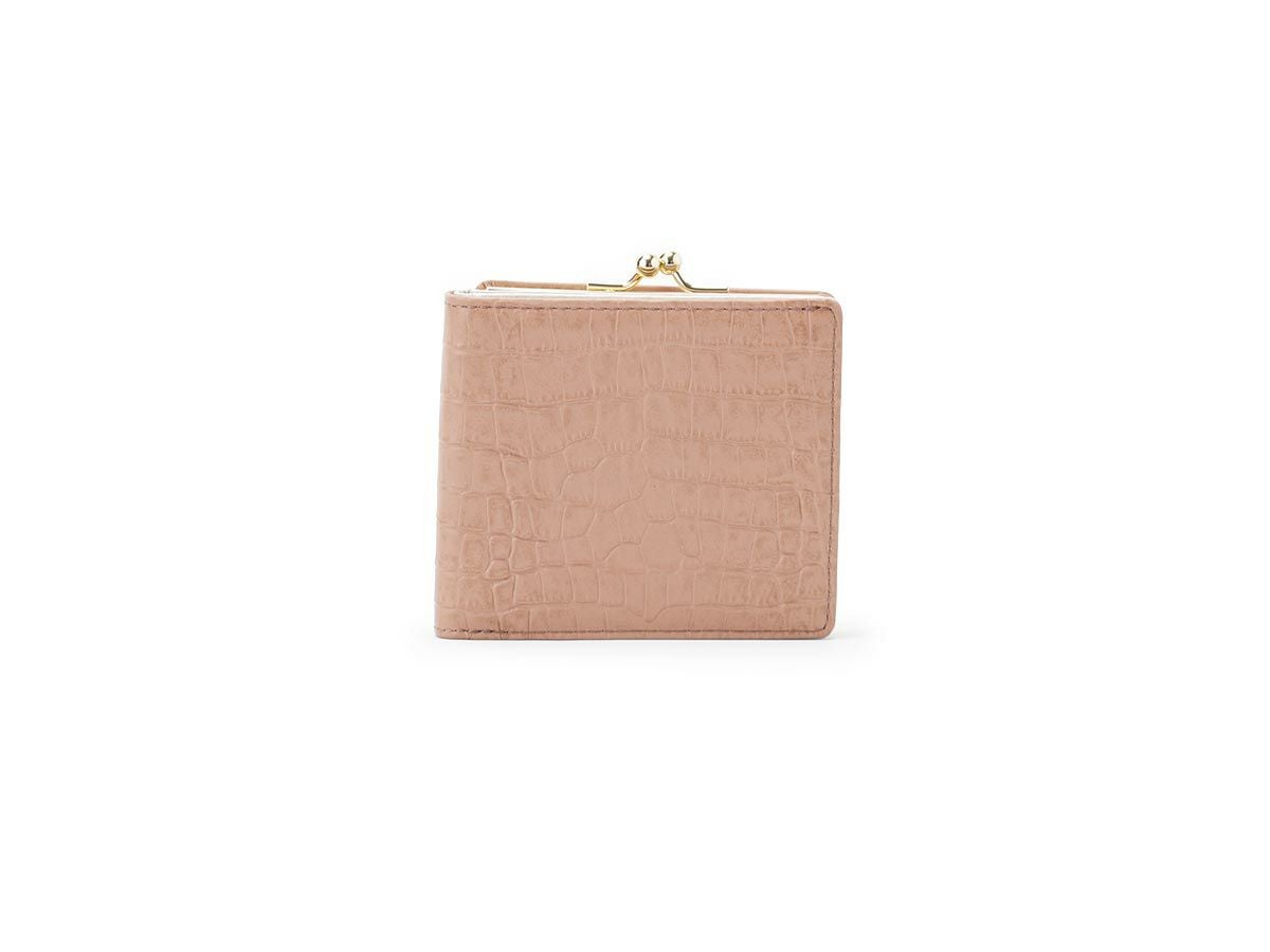クロコ　外がま口二つ折り財布　モカピンク